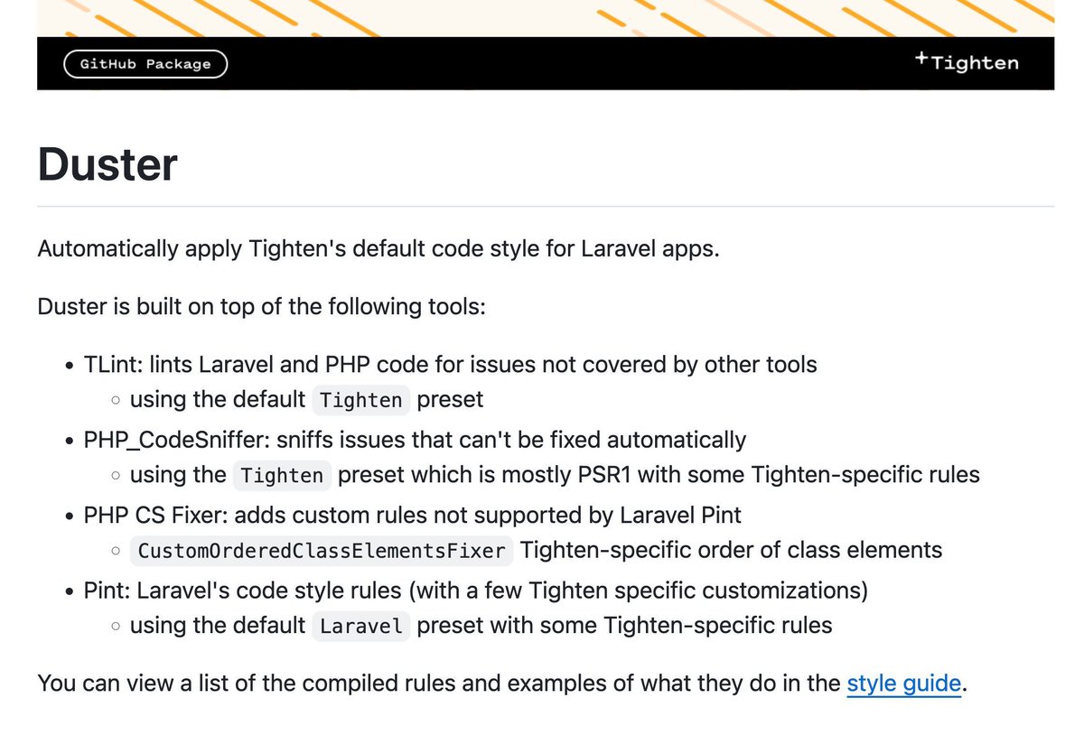 PovilasKorop's tweet photo. With no "official" Laravel style guide, companies adapt their own internal guides.

Two PUBLIC examples:

1. @spatie_be published their guidelines: https://t.co/HeLHdTdAzI

2. @tightenco went even further and with a tool Duster to auto-apply their style: https://t.co/izAD6vAGJQ https://t.co/Cef6dQSNlz