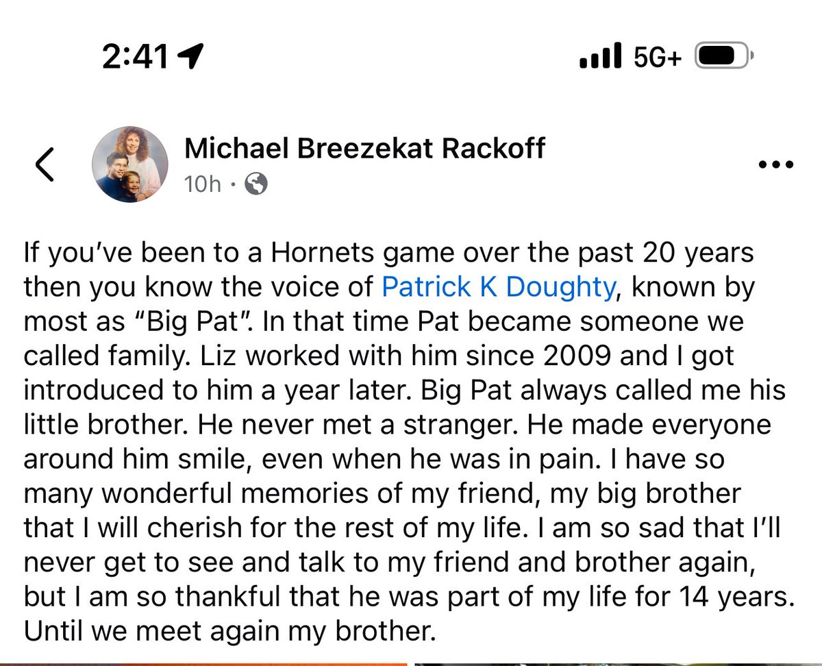 Breezekat's tweet photo. The sadness that I’m experiencing today over the loss of my friend and brother is unlike anything I’ve felt before. @bigpat00 I’m so sad that I will never get to see or talk to you again, but so happy you were in my life for the past 14 years. https://t.co/kpvfi8mZiJ