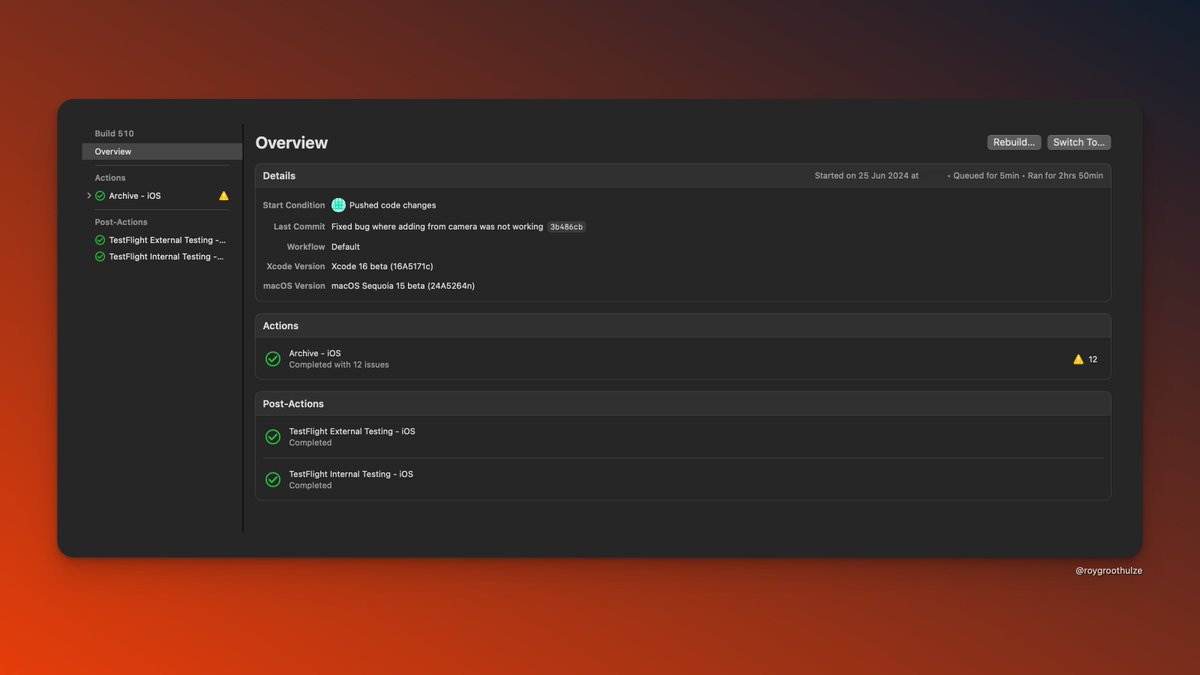RoyGrootHulze's tweet image. 🔄 Automate your app’s deployment pipeline with Xcode’s CI/CD tools and Fastlane for a seamless release process. #Xcode #XcodeCloud #swift