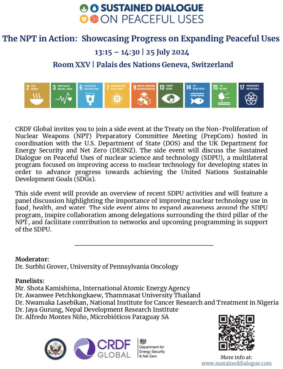 We hope you will join the 🇺🇸and 🇬🇧 for a side event today on "The NPT in Action: Showcasing Progress on Expanding Peaceful Uses.” 13:15 - 14:30 | 25 July 2024 Room XXVV | Palais des Nations Geneva.  More at - sustaineddialogue.com
