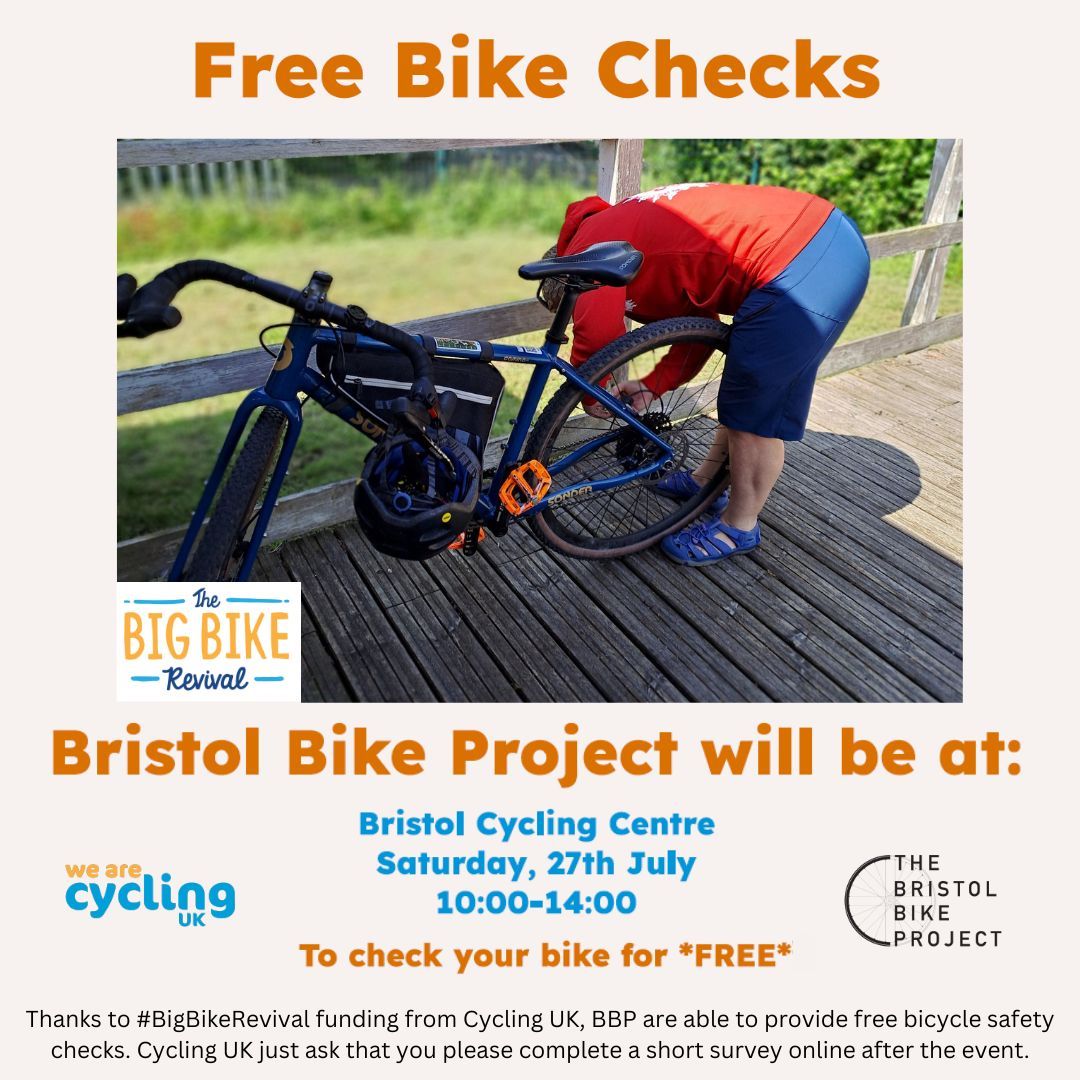 BrisCycleCentre's tweet photo. 🚴‍♀️ Join us on 27th July for #BigBikeRevival at Bristol Cycling Centre! Free cycle checks by Dr Bike to ensure your bike is summer-ready. Great for rides with friends and family!🛠️ 
https://t.co/WvoBDLCYlb
#FreeBikeCheck #SummerCycling #Family #AdultBikes #Mechanic #BetterByBike https://t.co/3Aycockitk