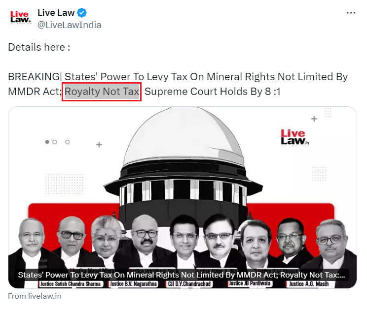 AbhasHalakhandi's tweet photo. ✴️BREAKING✴️
9-judge bench of the #SupremeCourt holds in a 8:1 majority that :-
📌"Royalty" paid by mine leaseholders is not a tax.
📌 Also held that state governments have the power to tax mineral lands under Entries 49 and 50 of the State List.

Large number of pending cases under Service tax Regime & GST regarding payment of tax on Royalty on RCM basis, shall reach its conclusion now.

Although under GST regime, ITC of RCM paid pertaining to earlier years can be availed on the basis of Circular No. 211/5/2024- Recent Big relief