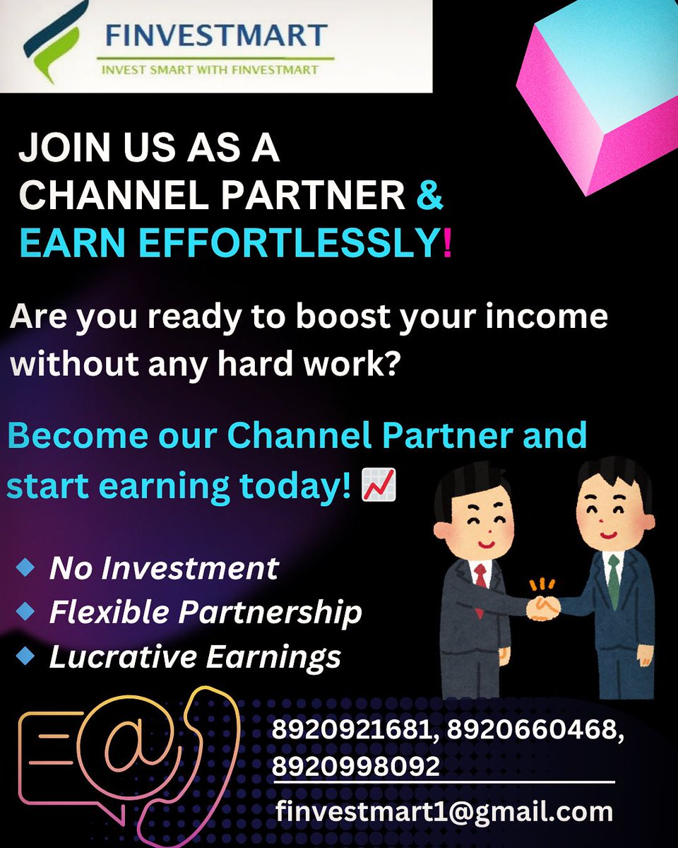 amit_dhamija1's tweet image. Ready to boost your income effortlessly?
Join us as a Channel Partner today! No investment, flexible partnership, and lucrative earnings await you.
Call us: 8920921681, 8920660468, 8920998092
Email: finvestmart1@gmail.com

#ChannelPartner #EarnEffortlessly #Flexiblelncome…