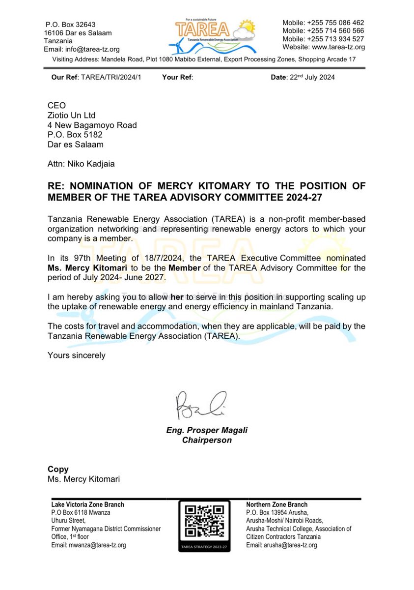 Congratulations Mercy!!! <a href="/TAREATZ/">TAREA TZ</a> is doing an incredible job in promoting the development of sustainable energy in TZ. We’re more than proud to see e-mobility being acknowledged. With Mercy as a member of the Advisory Committer we’re sure TZ will go electric even faster! ⚡️⚡️⚡️