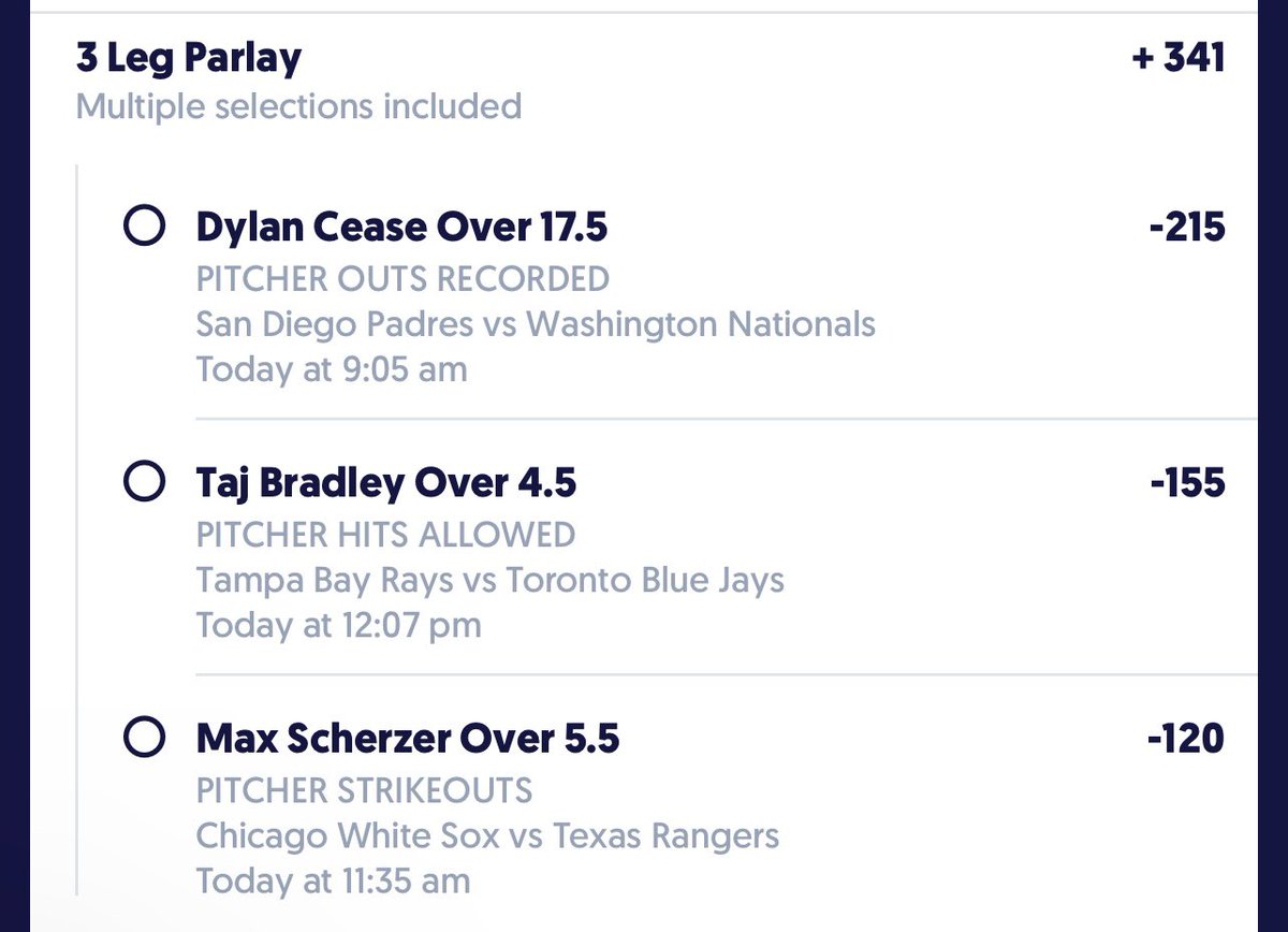 WeeniesPicks's tweet photo. EARLY MLB 3 LEG : 

Dylan Cease - Over 17.5 Pitching Outs
Taj Bradley -  Over 4.5 Hits Allowed
Max Scherzer - Over 5.5 strikeouts https://t.co/6KL0V8Qzwb
