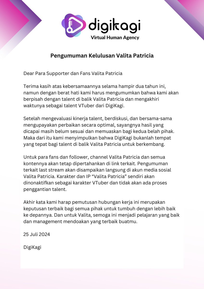 Pengumuman terkait talent Valita Patricia.