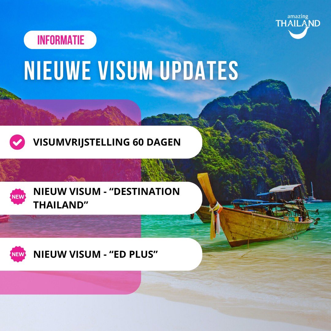 📣 NIEUWE MAATREGELEN VOOR VISA IN THAILAND

1️⃣ - Voor Nederlandse onderdanen geldt nu een visum vrijstelling van 60 dagen voor toeristische verblijven en zakenreizen.(voorheen was dit 30 dagen)

2️⃣ - Invoering van het “Destination Thailand Visa (DTV)”, voor zelfstandige