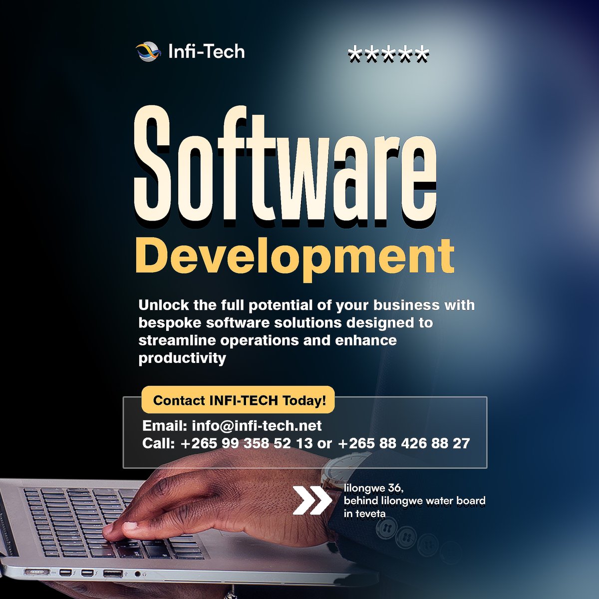 infitechmw's tweet photo. 🚀 Unleash the Power of Custom Software with INFI-TECH! 🚀

🚀Transform your business ideas into powerful digital solutions with our expert software development services.
📞 +265 99 358 52 13
#SoftwareDevelopment #CustomSoftware #INFItech #Innovation #BusinessSolutions https://t.co/72ycAt7NP5