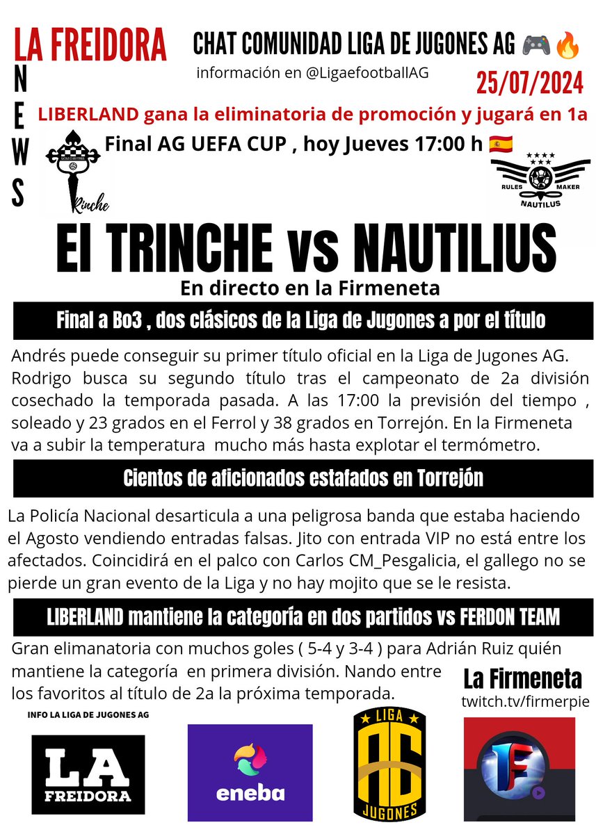 Esta tarde la Final de la AG UEFA CUP en la Firmeneta, <a href="/masterfuner/">master</a> vs <a href="/rodrigoarana100/">Rodrigo</a> . El madrileño soluciona la papeleta y fleta autobuses y billetes de AVE a sus aficionados. #Efootball2024 
@LigaefootballAG #ThisIsLaLigaAG 
<a href="/adrianruizfz/">Adrián Ruiz</a> <a href="/cm_pesgalicia/">CM_PESGALICIA</a> <a href="/jitotorrejon/">Juanjo</a>