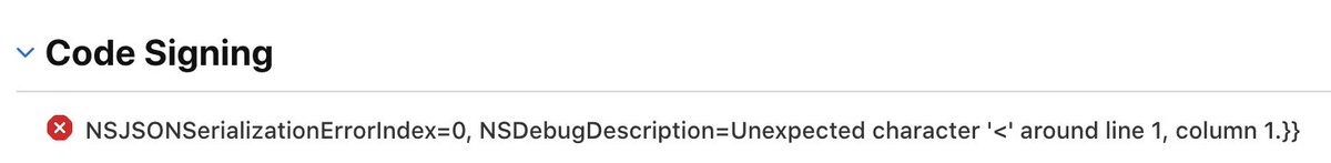 ko_ze_'s tweet image. #XcodeCloud で
NSJSONSerializationErrorIndex=0, NSDebugDescription=Unexpected character &apos;&amp;lt;&apos; around line 1, column 1.}}
というエラーが起きてビルド失敗したけど再ビルドしたら大丈夫だった。