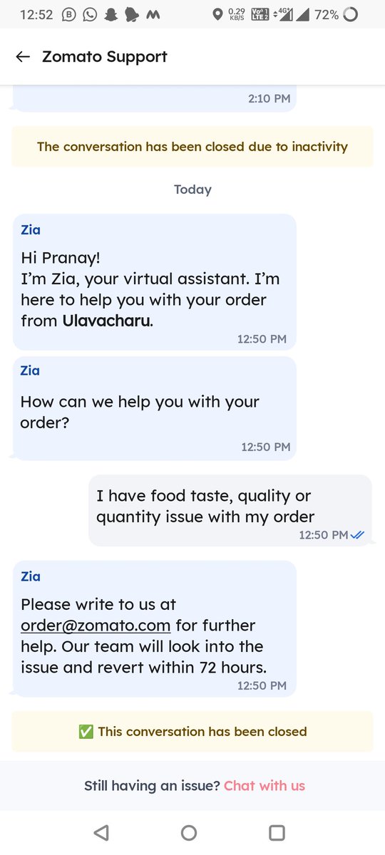 pranaykumar7669's tweet photo. @zomato I've ordered food from ulavacharu, kompally. Got hair in the food which is unhygienic. Order no: 6029586896. Unable to connect to the chat agent, Every time on twitter I'm complaining but you pupil mentioned this will not be happened in future orders.@deepigoyal @zomatocare https://t.co/Fki2JGjVwc