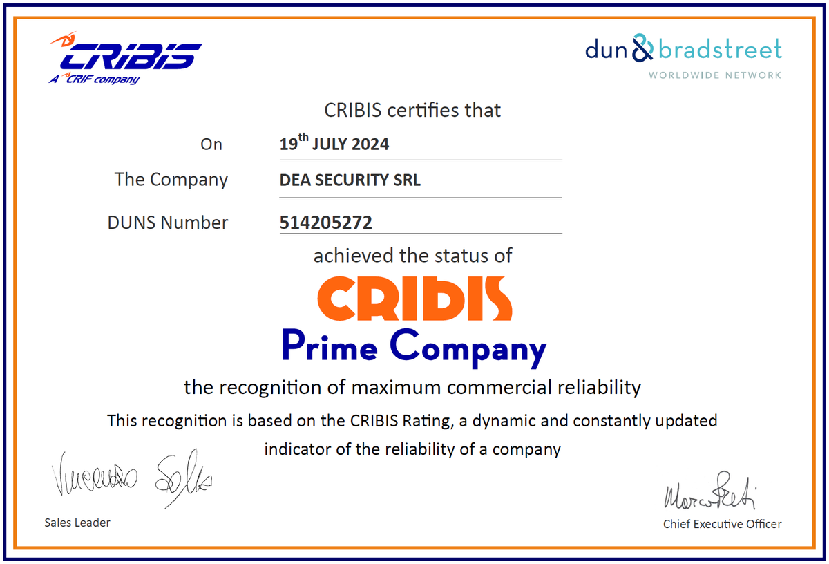 🏆 We are proud to announce that DEA Security has been recognised as one of the most reliable companies in Italy! The CRIBIS Prime Company, an award given to less than 7% of Italian companies, is a confirmation of our high business reliability.
