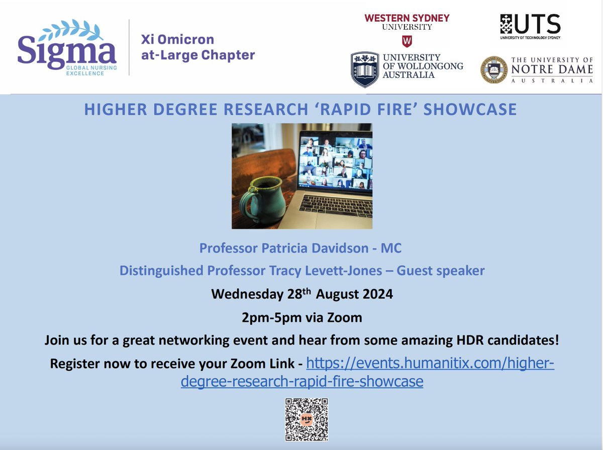 Prof Lucie Ramjan (@lucieramjan) on Twitter photo Don't miss this opportunity - Register for
the <a href="/sigmaxiomicron/">SigmaNursing XiOmicronAtLarge</a> HDR Rapid Fire Showcase. Hear from our wonderful MC <a href="/DrPMDavidson/">Patricia Davidson</a>
and Guest Speaker <a href="/Prof_TLJ/">Tracy Levett-Jones</a> and listen to some amazing HDR students. Registration is free - see flyer!
Registration link: events.humanitix.com/higher-degree-… Don't miss this opportunity - Register for
the <a href="/sigmaxiomicron/">SigmaNursing XiOmicronAtLarge</a> HDR Rapid Fire Showcase. Hear from our wonderful MC <a href="/DrPMDavidson/">Patricia Davidson</a>
and Guest Speaker <a href="/Prof_TLJ/">Tracy Levett-Jones</a> and listen to some amazing HDR students. Registration is free - see flyer!
Registration link: events.humanitix.com/higher-degree-…