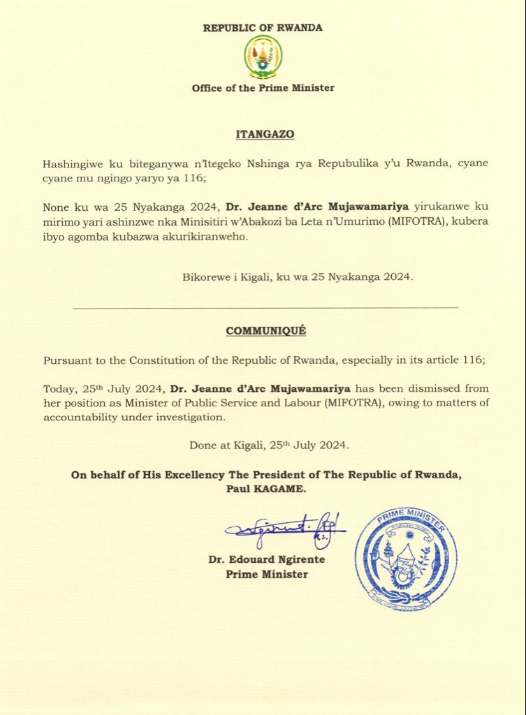 A minister in Rwanda has been fired “owing to matters of accountability under investigation”
