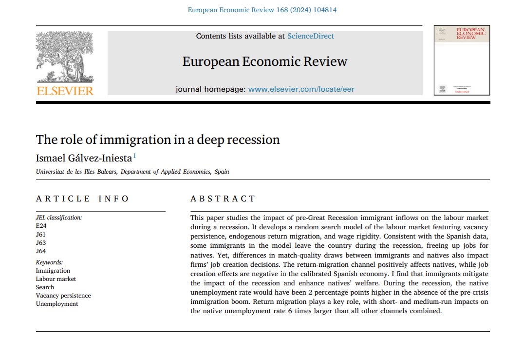 Ismael_GlvI's tweet photo. I am excited to share that my JMP "The role of immigration in a deep recession" is now published in the European Economic Review

I started it in 2016!as part of my Master's Thesis. I can't express how grateful I am to so many colleagues  &amp; friends who helped me with it

Long🧵 https://t.co/BXBLh6qH1o