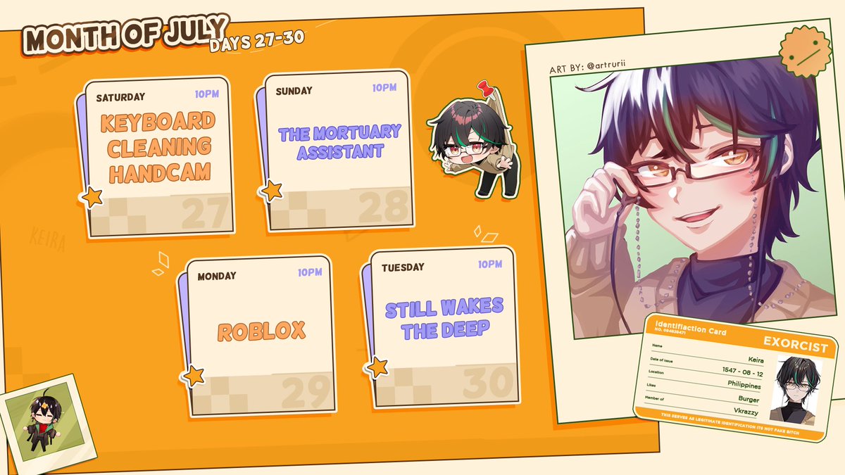 KeiraVT_'s tweet photo. πΏ SCHEDULE JULY 27-30 π»
https://t.co/onzMpSYl1f
GENERAL: #KeiraExorcist
ART: #KeiraIllust
LIVE: #KeiraLive
MEME: #Exorcismeme
CLIPS: #Exorclips https://t.co/NWCNn9fwM1