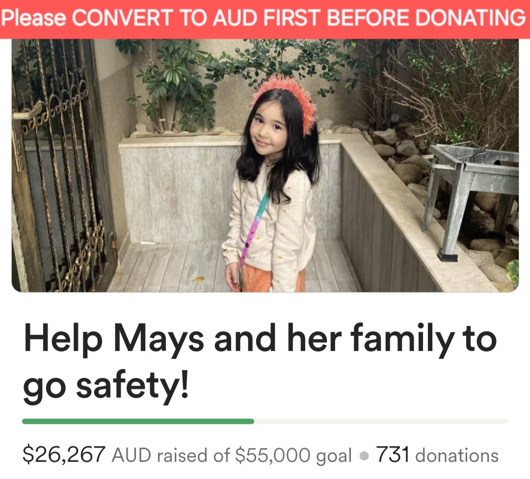 For dear <a href="/Maisyahya2004/">Mais</a> &amp; Maryam's family's campaign, I was able to donate and we are now at 26,267AUD. We're aiming for the half point milestone of 27,500 now and we are half way through the week!
1,233 left! We know what to do!
Let's go!! 🐦‍🔥🕊️🐦‍🔥
gofund.me/6d56a75c