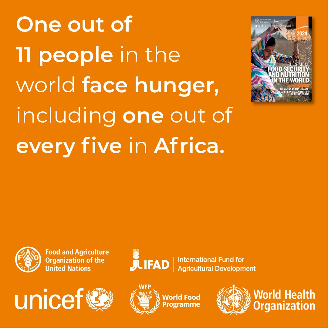 1 in 5 people in Africa faced hunger in 2023, and the trend is worsening. 

The #SOFI2024 report reveals a stagnation in progress toward ending global hunger and malnutrition.

Read more ⬇️ 
ow.ly/lk1g50SJcTQ