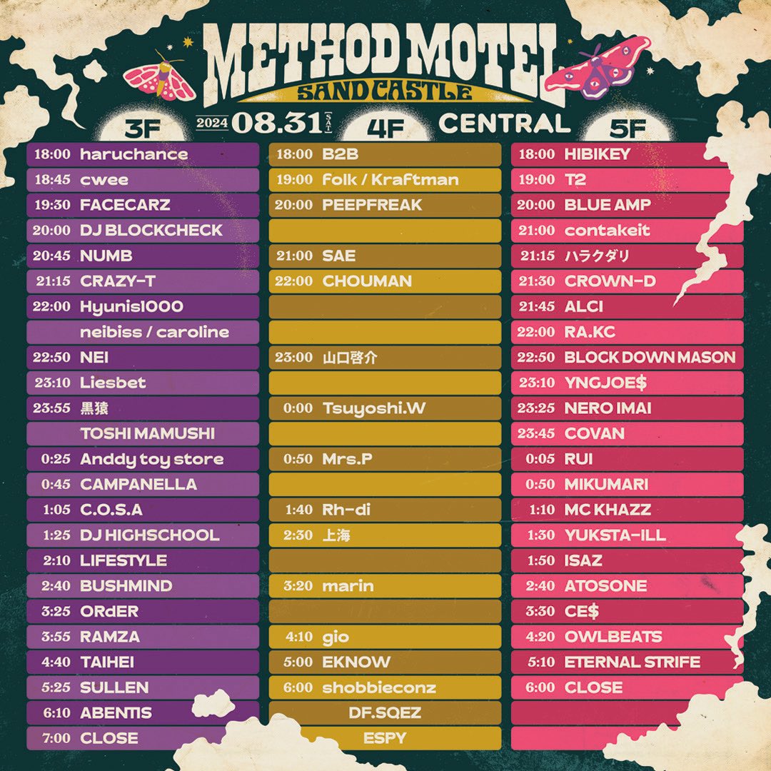 2024.08.31(SAT)
"METHOD MOTEL"
@CENTRAL
OPEN.18:00 -till Morning
ADV.4,000JPY DOOR.5,000JPY
※入場時にドリンクチケットの購入必要