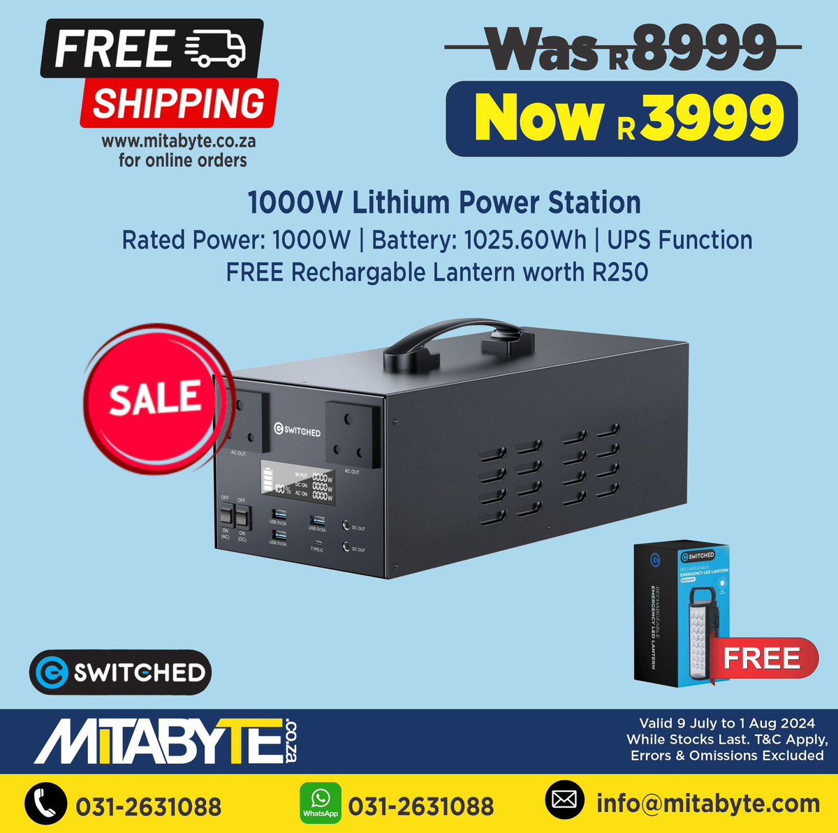 1000W Power Station + FREE Lantern
Order In-Store or On-Line at
 mitabyte.co.za/deals
