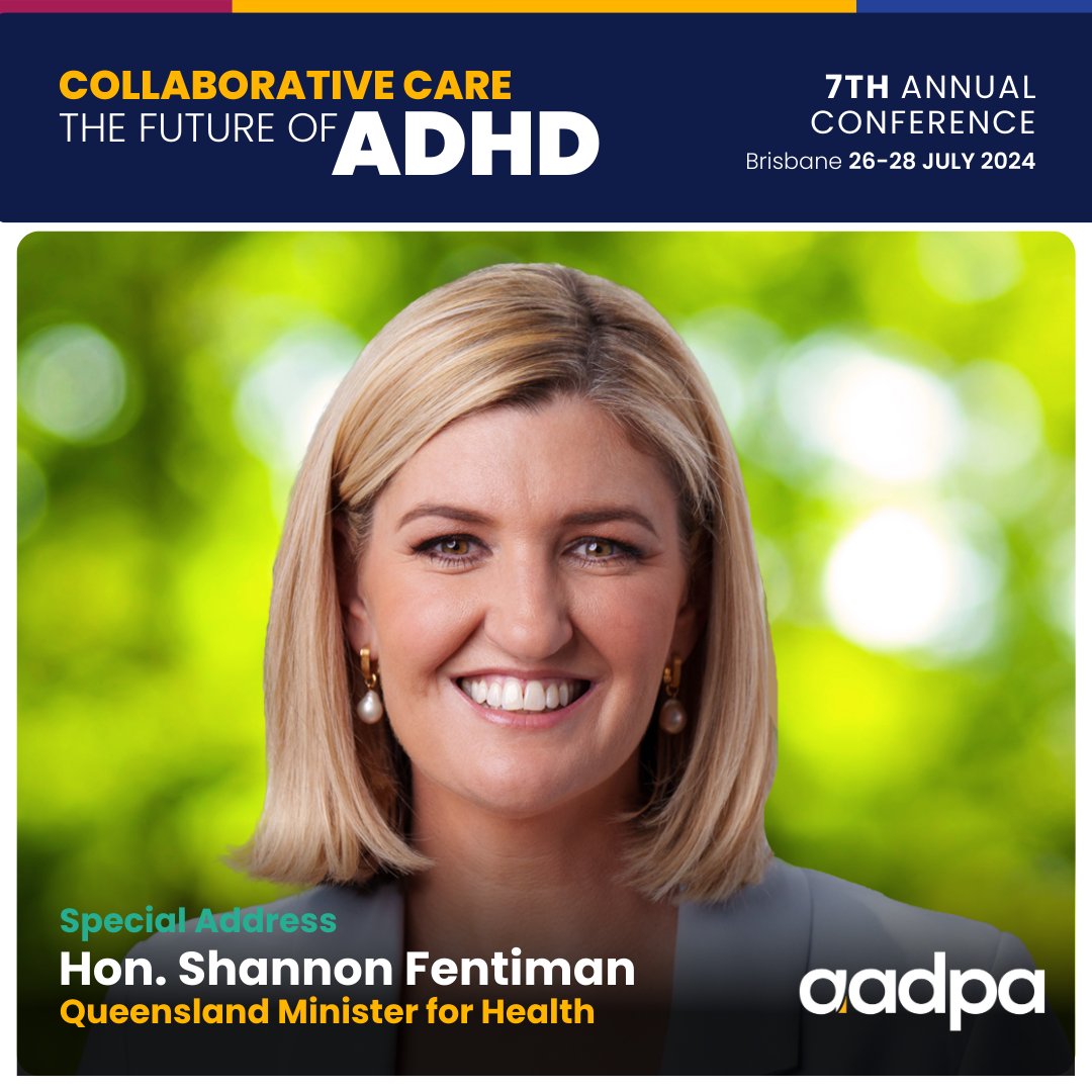We are very pleased to announce the Hon. Shannon Fentiman, Queensland Minister for Health, Mental Health will be making a special address at the AADPA conference.
ONLY VIRTUAL ATTENDANCE IS AVAILABLE
aadpa.com.au/2024-annual-ad…
#aadpacon24
#aadpaadhd24
#adhd2024
#CollaborativeCare