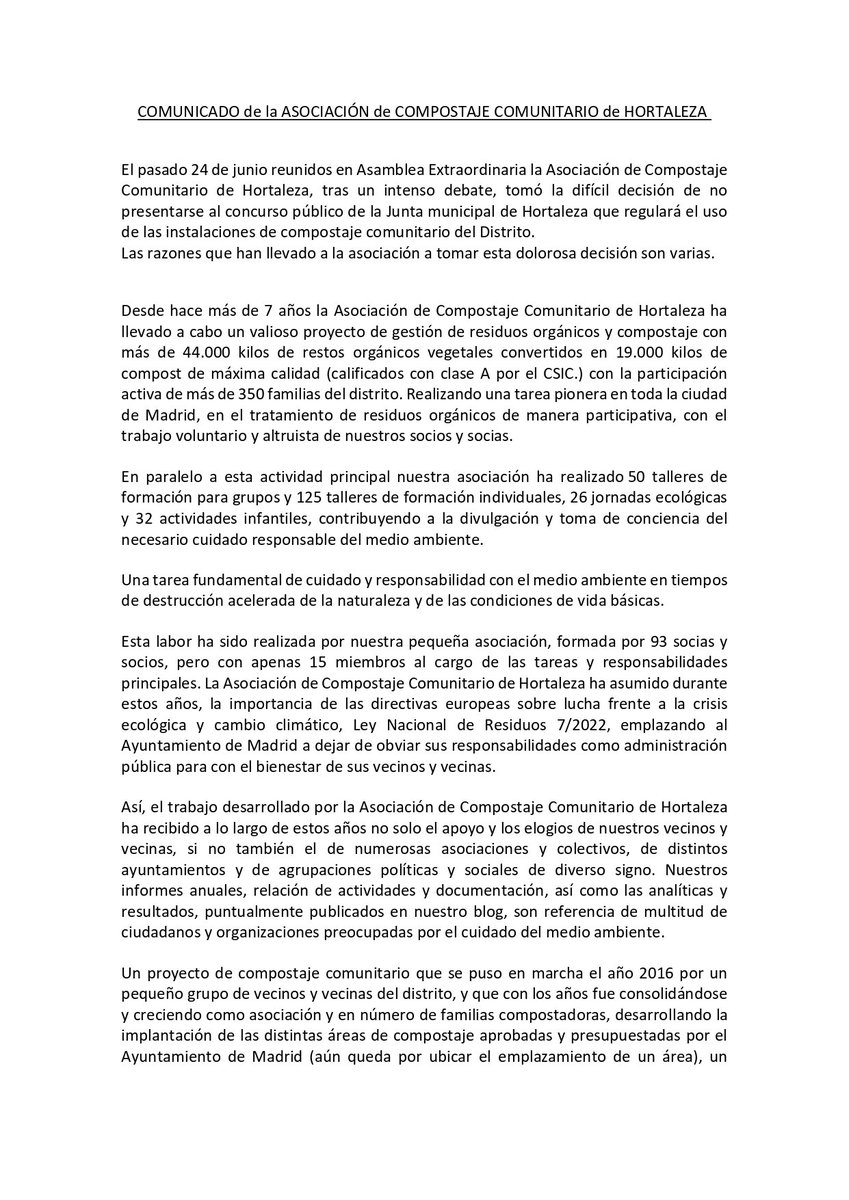 CompostajeHtz's tweet photo. 🏛️Como sabéis, la @JMDHortaleza decidió romper el convenio y sacar a licitación la gestión de las áreas
❤️‍🩹Tras debatirlo, hemos llegado a la difícil decisión de no presentarnos. Esperamos que entendáis las razones
💚 Seguiremos trabajando por la salud del planeta haciendo barrio https://t.co/PYENlQLCYM