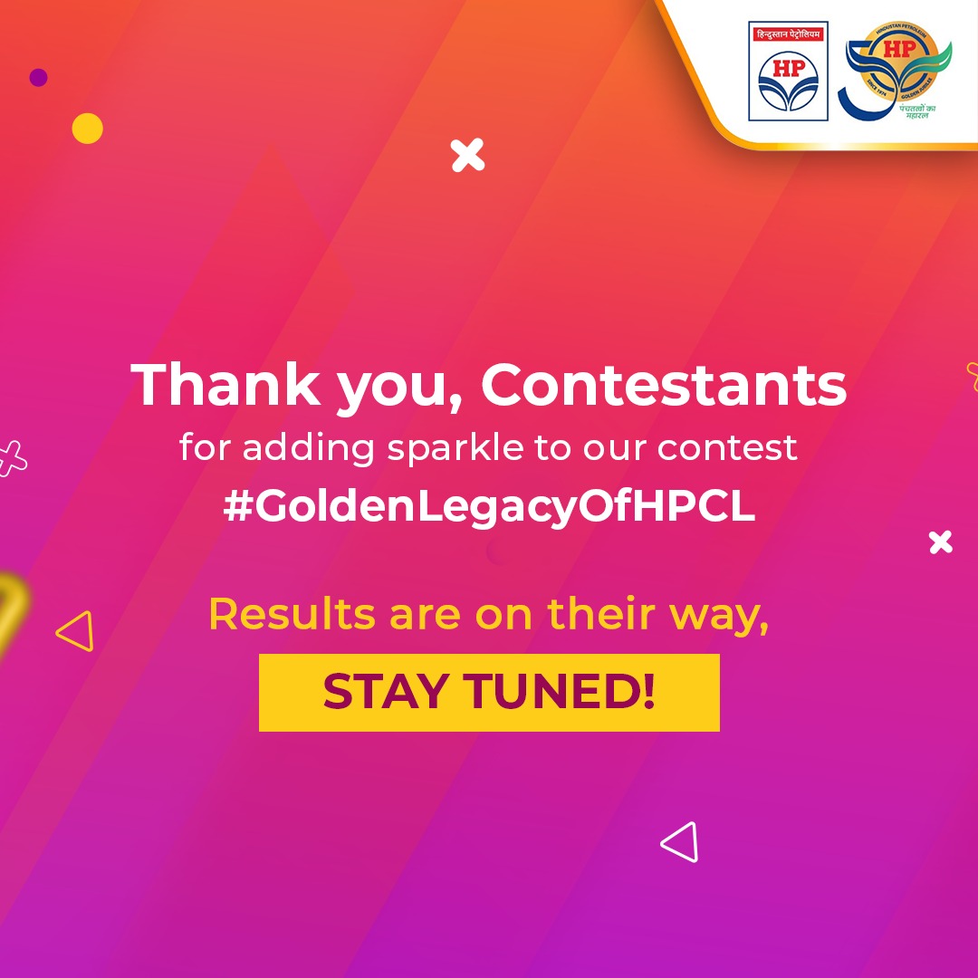 HPCL's tweet photo. HPCL thanks all participants for their enthusiastic participation in the contest #GoldenLegacyOfHPCL and for making it a huge success with their overwhelming response. We are reviewing the results and will announce them soon. Stay tuned!

#HPCL #HPTowardsGlobalHorizon #DeliveringHappiness