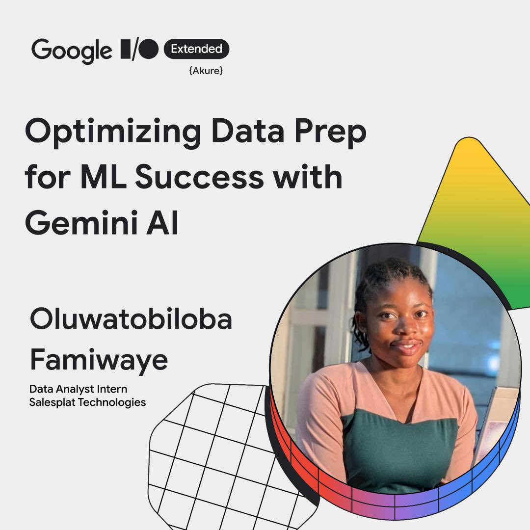 gdg_akure's tweet photo. Meet @DeborahOmowunm8, a speaker at Google #IOExtendedAkure!๐
She has a strong expertise in data analysis tools like Excel, Power BI, SQL, and Python๐
As an AI Enthusiast, she is passionate about exploring the potential of AI and ML to drive business growth and innovation! ๐ https://t.co/oni2f6a6Sx