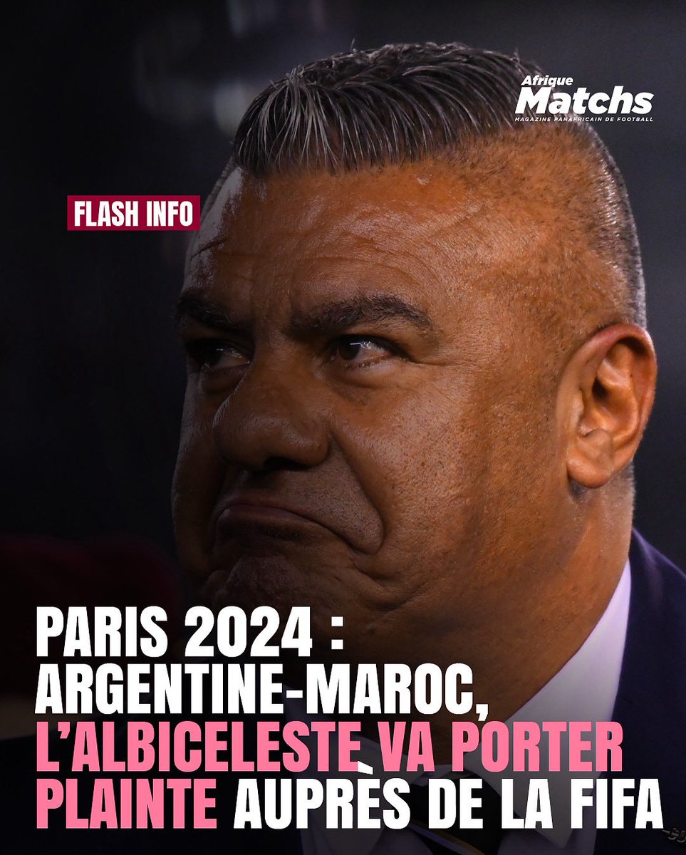 afriquematchs's tweet photo. Le président de la Fédération argentine de football, Claudio Tapia, a annoncé son intention de porter l’affaire devant la FIFA après la défaite des Argentins face au Marco (2-1) lors de la première journée du tournoi olympique.

#afriquematchs #jeuxolympiquesparis2024 https://t.co/FcOgmFVDsm