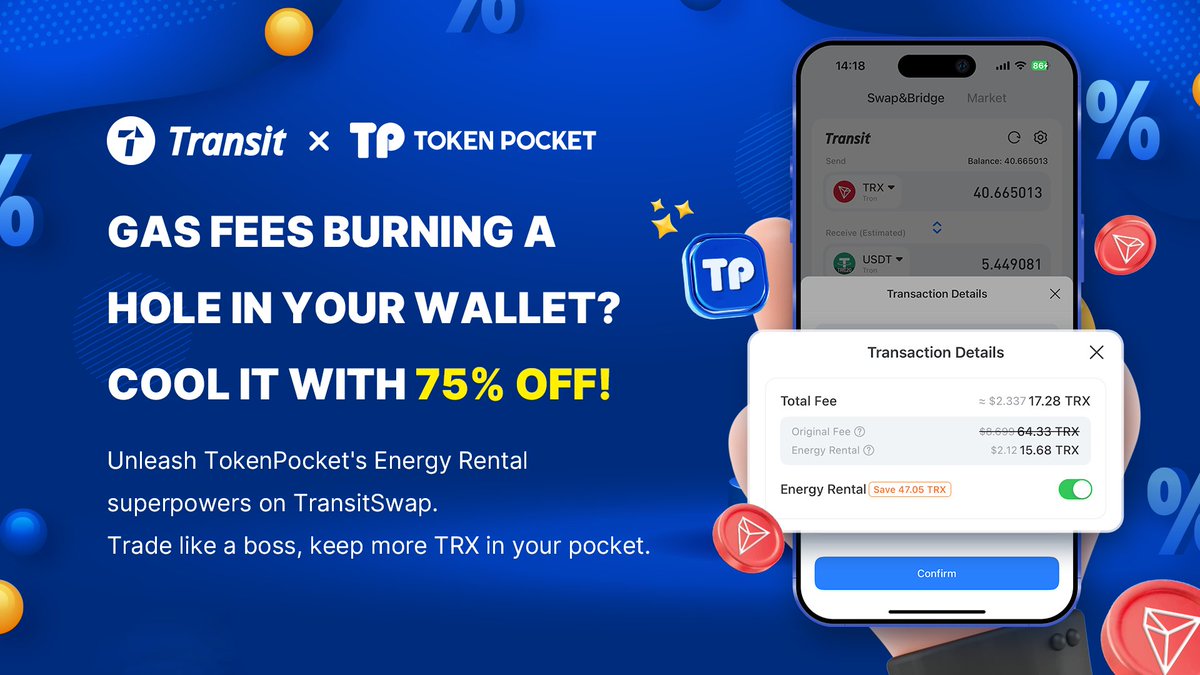 TransitFinance's tweet photo. 🚀#TRX traders! Save up to 75% on gas fees using #TransitSwap with @TokenPocket_TP's energy rental on #TRON. 💰✨

⚡ Trade Smarter
💼 Keep More Profits
🌐 Seamless DeFi Experience

👉🏻Download now: https://t.co/ehZt6XS1Dp