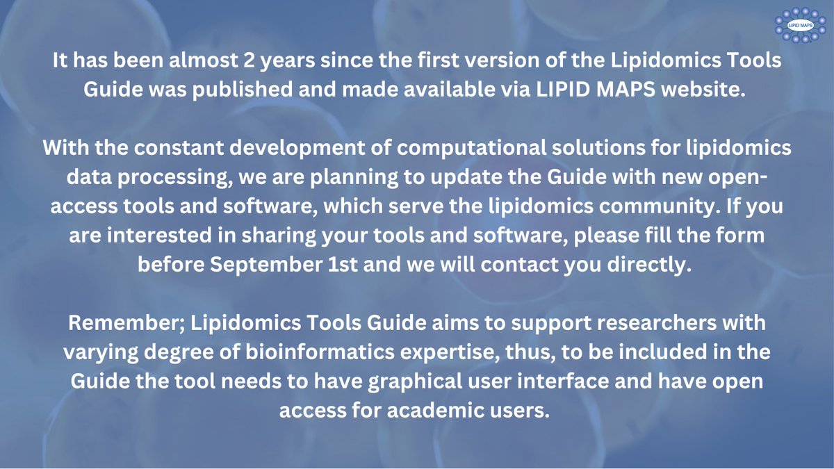 LIPID MAPS (@lipidmaps) on Twitter photo Tools Guide Update - General Call
If you are interesting in sharing your tools and software for our Tools Guide, please click the link to fill in the form: forms.office.com/pages/response…
<a href="/FedorovaLab/">Maria Fedorova</a> <a href="/EpiLipidNET/">EpiLipidNET</a> Tools Guide Update - General Call
If you are interesting in sharing your tools and software for our Tools Guide, please click the link to fill in the form: forms.office.com/pages/response…
<a href="/FedorovaLab/">Maria Fedorova</a> <a href="/EpiLipidNET/">EpiLipidNET</a>
