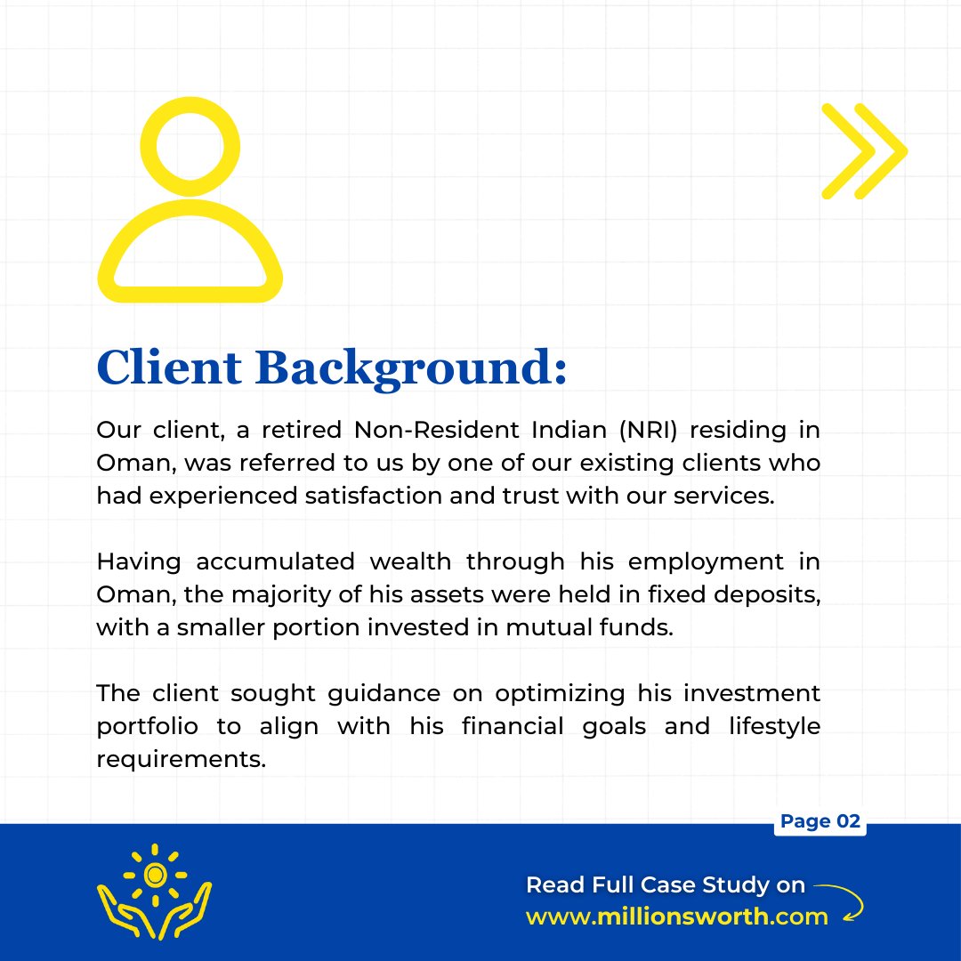 MillionsworthS's tweet image. From uncertainty to financial stability!

Discover how we transformed a Noida-based retired NRI’s investment portfolio, ensuring a secure and prosperous future. 🌟📈

#ClientCaseStudy #FinancialPlanning #ClientSuccess #Millionsworth