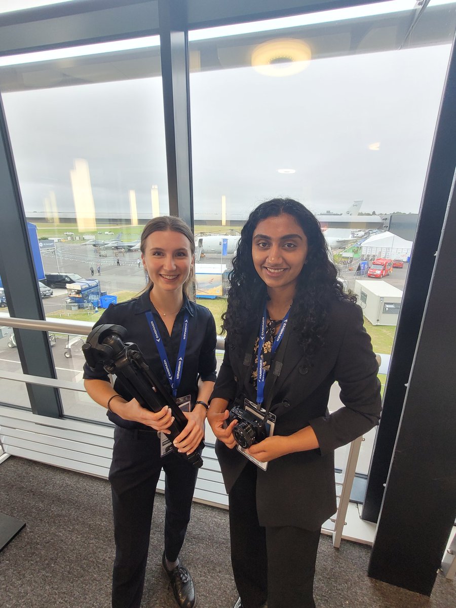 RAeSTimR's tweet photo. AEROSPACE Editorial team on Farnborough Air Show site today with students Angelika &amp; Aleena from RAeS Solent Branch - any companies got apprentices/graduates to interview today &amp; tomorrow? #FIA2024 #avgeek https://t.co/nz38YOjLDs