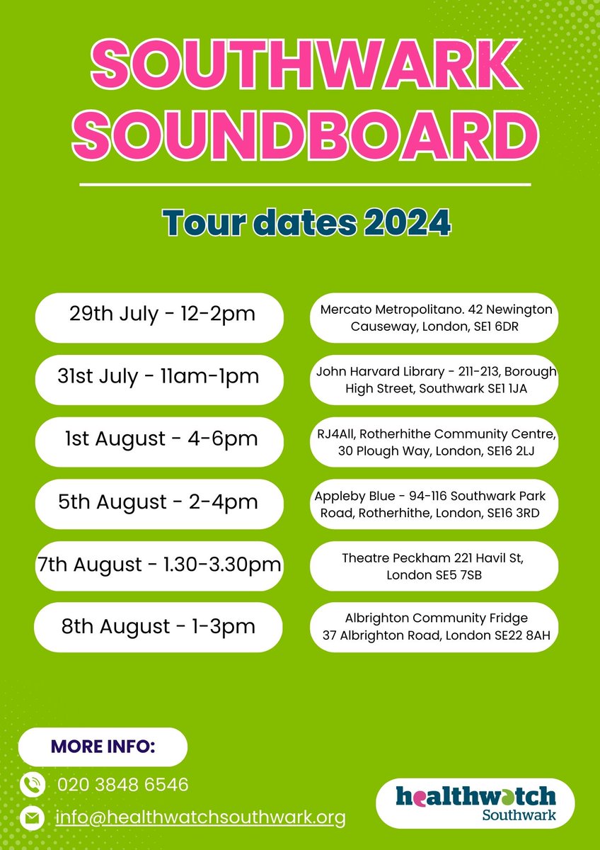 Come along to our first listening tour on the 29th July between 12-2pm at Mercato Metropolitano! It will be a chance to discuss health and social care issues and hear from service providers. #southwark #health