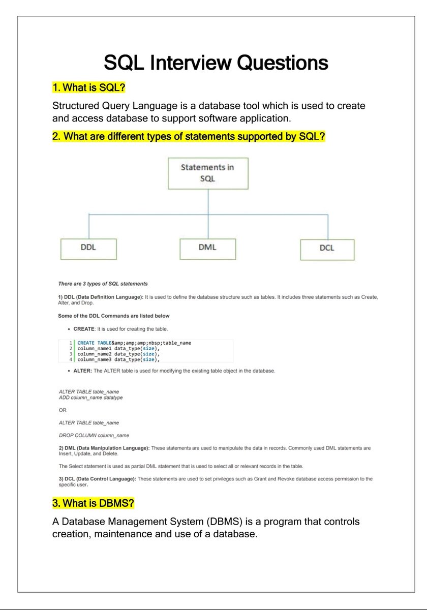 Full SQL Interview Questions and Answers 📘 

To get it just 
- Follow me 
- like &amp; RT it 
- Comment "SQL"
