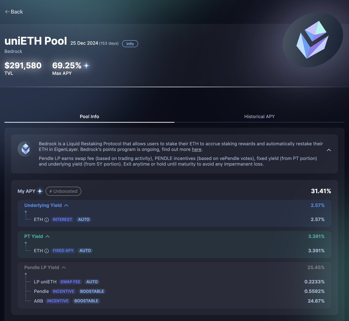 1／Arbitrum上的<a href="/pendle_fi/">Pendle</a> LRT大家庭出现了新成员：
👉<a href="/Bedrock_DeFi/">Bedrock | Liquid BTC Restaking 🟠</a> 的 $uniETH 
Bedrock尚未发币👀 在这池子存LP或YT可得到6x Bedrock Diamond积分、+ Eigenlayer积分

🔥LP收益年化31%-69% +🪂积分

池子刚开比较浅，但Bedrock说会给Pendle治理投票奖励，所以后续池子的收益率应有一定续航力
🧵
