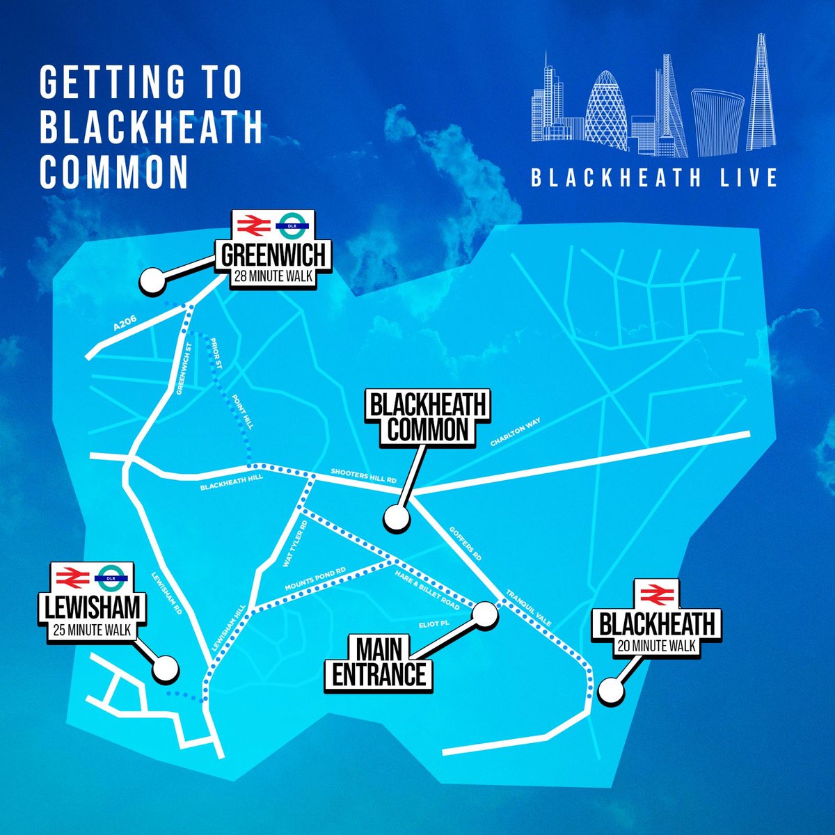 There are many ways to reach Blackheath Common. 🚆 We recommend arriving at Blackheath station as it's the closest to the festival. However, if you're coming on the DLR and arrive at Greenwich or Lewisham, you can take a bus from there that will drop you near the entrance. 🚌