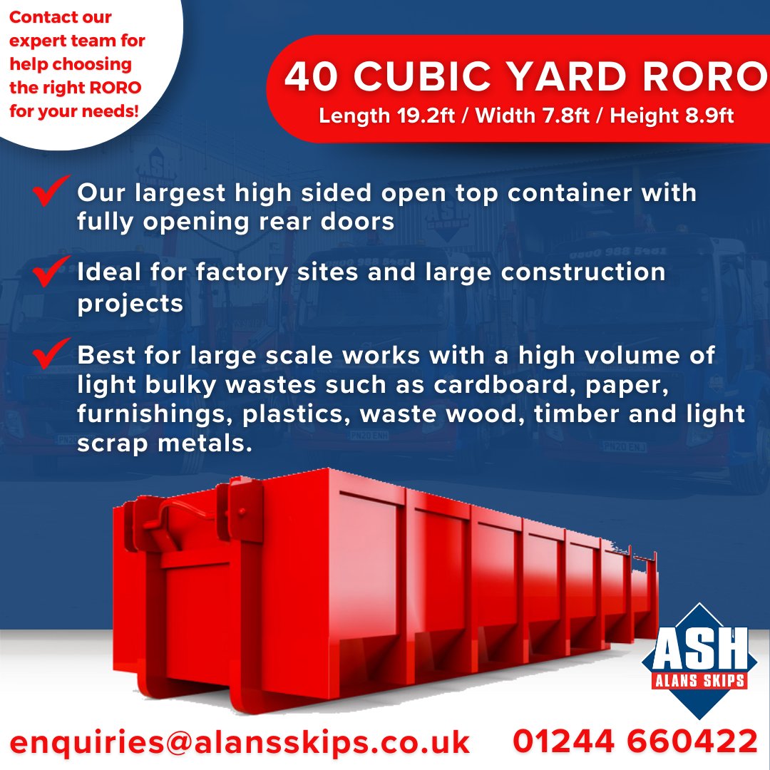 Here's what our 40 cubic yard RORO is the perfect solution for 👇

Contact our expert team for more information: alansskips.co.uk/roll-on-roll-o…

#skiphirewales #skiphirecheshire #skiphirewrexham #wrexham #chester #wirral #northwest #skiphirenorthwest #wastemanagement #skiphirenearme