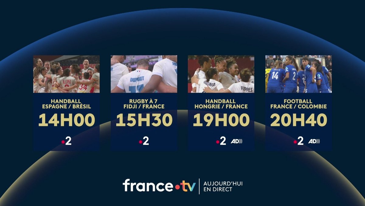 Soldatdesmedias's tweet photo. Aujourd'hui en direct sur #France2, deuxième journée #Olympique :
À 14h, #Handball, #ESPBRE.
À 15h30, #Rugby à 7, #FIDFRA.
À 19h, #Handball, #HONFRA.
À 20h40, #Football, #FRACOL.
#Paris2024 https://t.co/FeOsVvcMY2