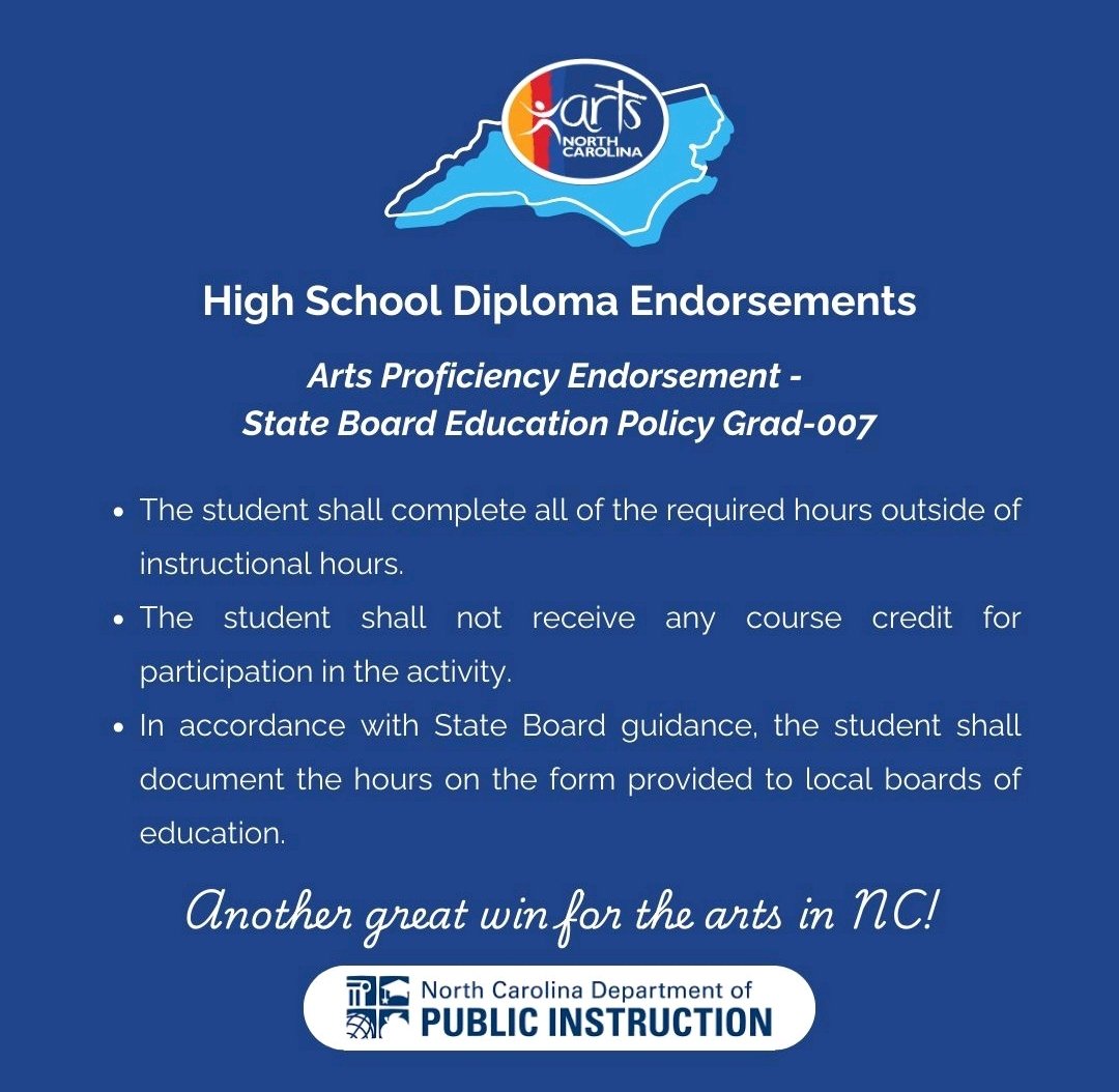 This Arts Education graduation endorsement passed by the SBOE this month honors the commitment and pursuit of excellence of Arts Education students enrolled in high school Dance,  Music, Theatre, and Visual Arts programs across our state. These images were created by <a href="/artsnc/">Arts North Carolina</a>
