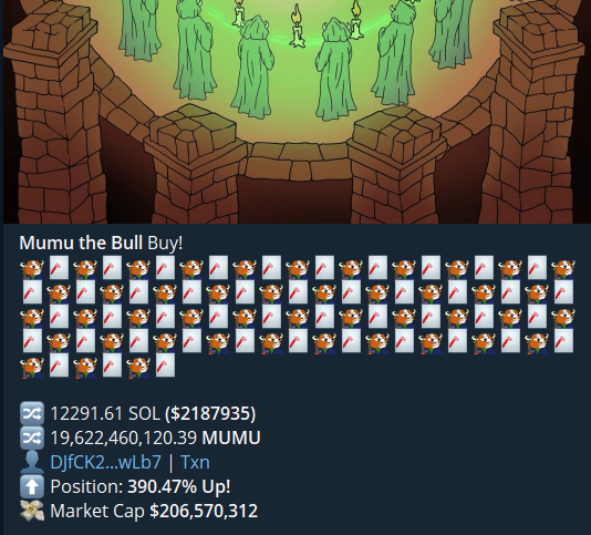 🚨𝐁𝐑𝐄𝐀𝐊𝐈𝐍𝐆 𝐍𝐄𝐖𝐒🚨

A monumental $2.2 million buy of <a href="/mumu_bull/">MUMU THE BULL</a> has just shaken the crypto world, marking the largest single purchase in the history of $MUMU. This colossal transaction catapulted $MUMU's market cap to an astonishing $784 million.

The epic buy was