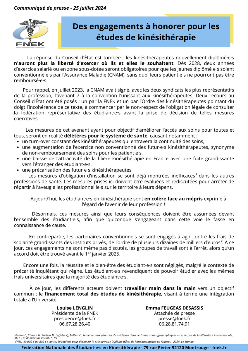 #CDP | L’avenant 7 et ses mesures d’obligation d’installation pour les jeunes diplôméEs seront appliquées dès 2028 ! 🚨

Les #EtuKinés attendent que les promesses faites sur la suppression des frais de scolarité soient tenues rapidement ! <a href="/Assur_Maladie/">Assurance Maladie</a> <a href="/Sante_Gouv/">Ministère de la Santé et de l'Accès aux soins</a> <a href="/sup_recherche/">Ministère Enseignement supérieur et Recherche</a>