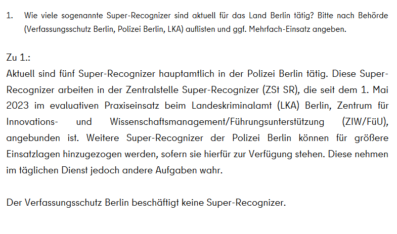 matthimon's tweet image. In #Berlin gibt es derzeit 5 #SuperRecognizer in #ZStSR beim LKA. Kooperation auch mit BPOL (EURO24, EuroLeague, BER), Amtshilfe etwa zu Bandendiebstahl, Körperverletzung, Sexualstraftat, Sprengstoffdelikt.
Pilotprojekt bis 4/2025 verlängert.
pardok.parlament-berlin.de/starweb/adis/c…
#beSure