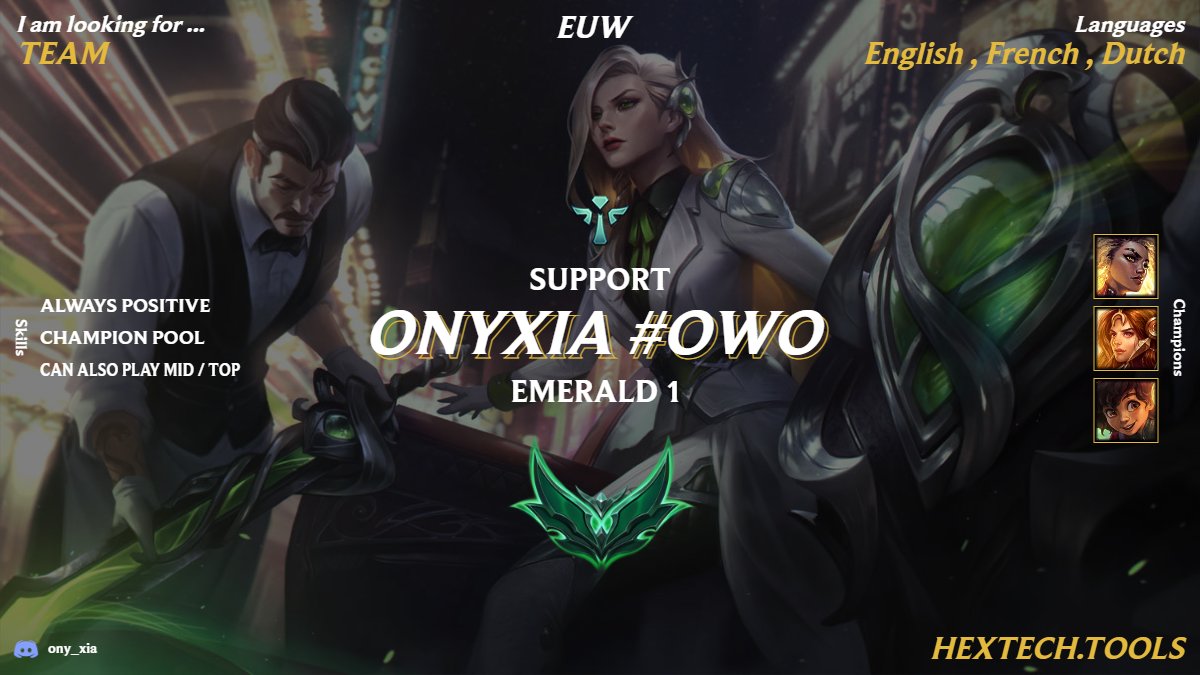 Hello ! 

Im looking for a team (female or mixed), i main supp but can also play mid and top if needed. 

- Open for tryout

📩 DM for more information !