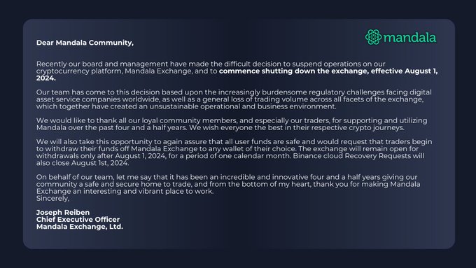 Hey, I was on vacation when I got the message that <a href="/MandalaEx/">Mandala Exchange</a> is closing. I`m very sorry if I misled anyone to trade <a href="/MandalaEx/">Mandala Exchange</a> or even to buy MDX. I`m ashamed to have written a thread here a few month ago praising the CEO @JoeR_Mandala and thus the security of Mandala