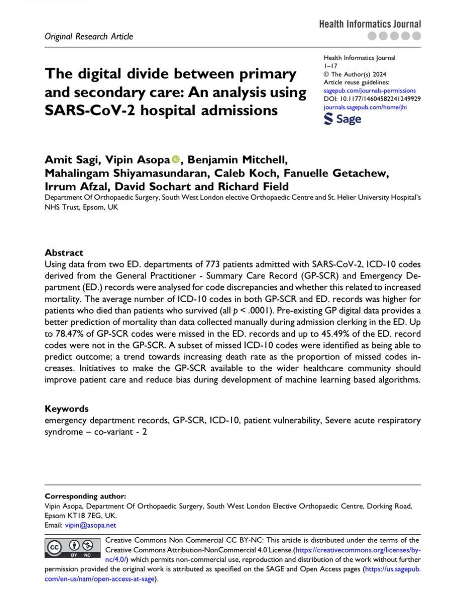 SWLEOC - HSJ Partnership Award Winner 2022 (@the_swleoc) on Twitter photo Latest publication: Slightly different to orthopaedics but a piece of work undertaken during the COVID pandemic. The digital divide between primary and secondary care: An analysis using SARS-CoV-2 hospital admissions -
journals.sagepub.com/doi/10.1177/14… <a href="/vipin_asopa/">Vipin Asopa</a> <a href="/iafzal1/">Irrum Afzal</a> <a href="/FieldHip/">Richard Field</a> Latest publication: Slightly different to orthopaedics but a piece of work undertaken during the COVID pandemic. The digital divide between primary and secondary care: An analysis using SARS-CoV-2 hospital admissions -
journals.sagepub.com/doi/10.1177/14… <a href="/vipin_asopa/">Vipin Asopa</a> <a href="/iafzal1/">Irrum Afzal</a> <a href="/FieldHip/">Richard Field</a>
