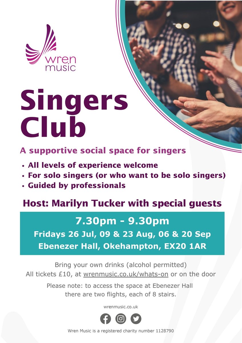 Our Summer Singers Club starts in Okehampton tomorrow night! All levels of experience welcome. Tickets are £10, at wrenmusic.co.uk/whats-on or on the door. All the info is in the photo. Come and join us!