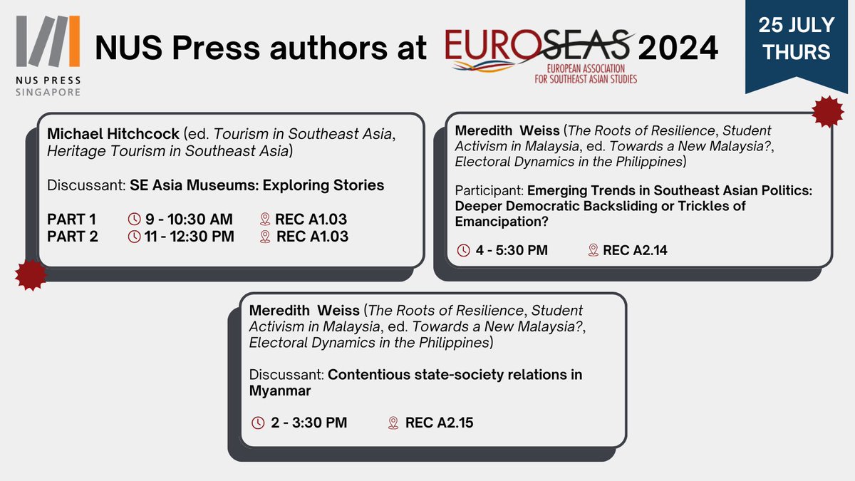 And just like that, it's the last day of #EuroSEAS24! More NUS and NIAS Press authors are conference-ing today including <a href="/merweissphd/">Meredith Weiss</a> &amp; <a href="/JFMcCarthy3250/">John F McCarthy</a>, full list below.

Psst: many of our books have sold out. Make sure to grab a copy before the day ends!