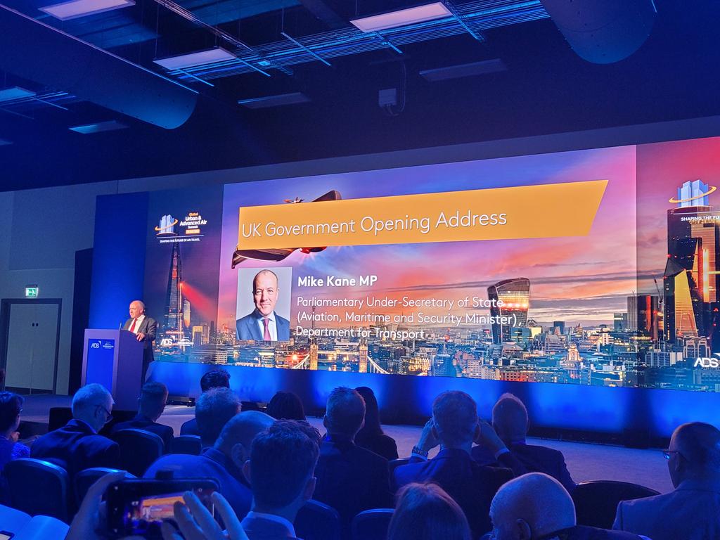 Mike Kane MP, new Aviation, Maritime and Security Minister opens the <a href="/GUAASFboro/">Global Urban & Advanced Air Summit</a> Forum at #FIA2024