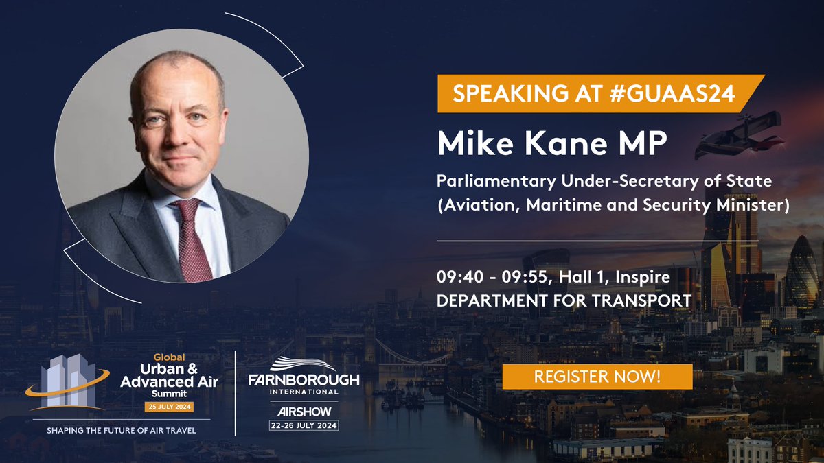 Join us at 9:40 AM as we welcome Mike Kane MP, Parliamentary Under-Secretary of State, to #GUAAS24, where he will deliver a UK Government Address to inaugurate what promises to be an exciting day ahead. #FIA2024 #AAM #FutureFlight